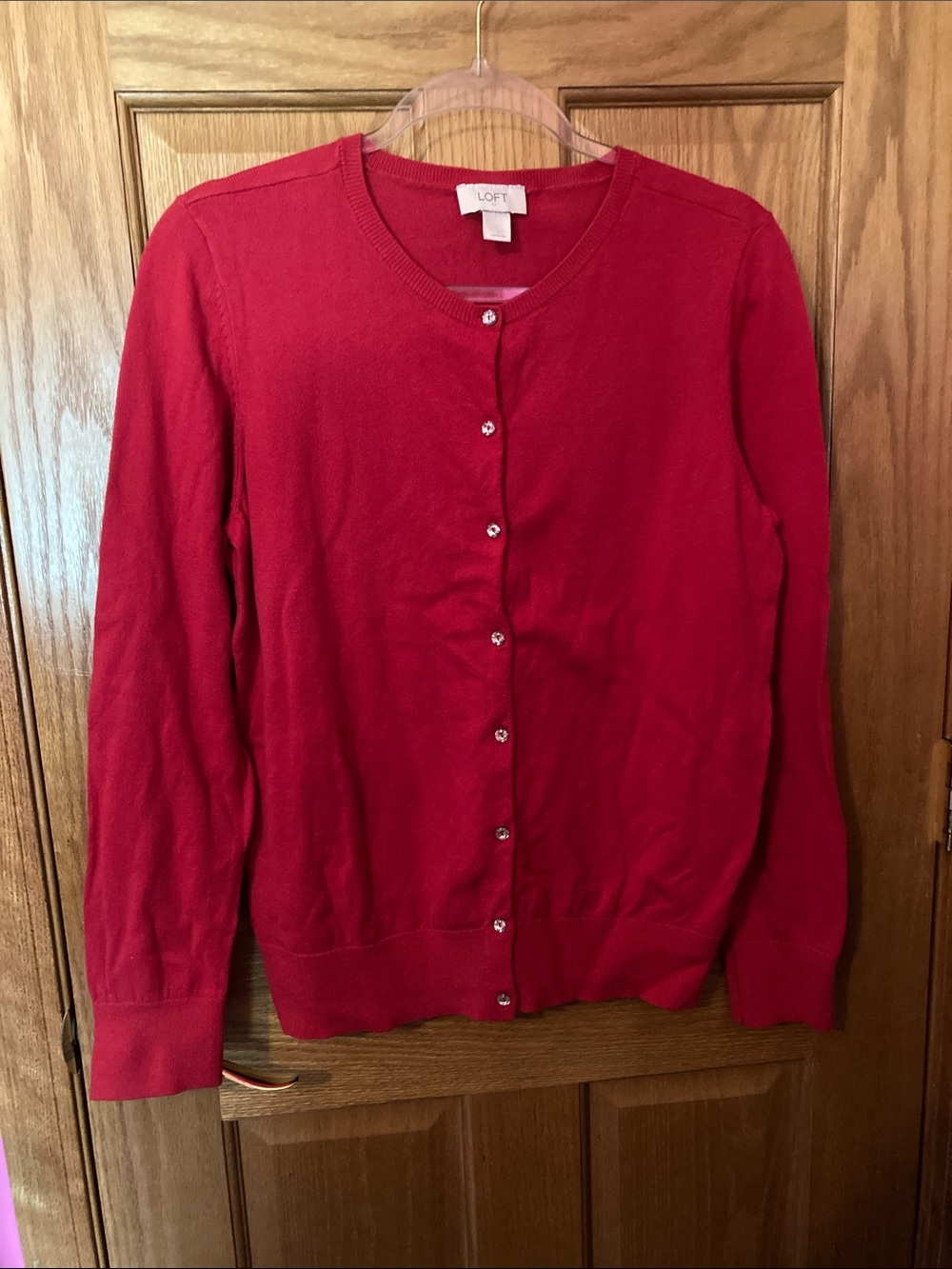 LOFT Women's Red Crewneck Button-Up Cardigan